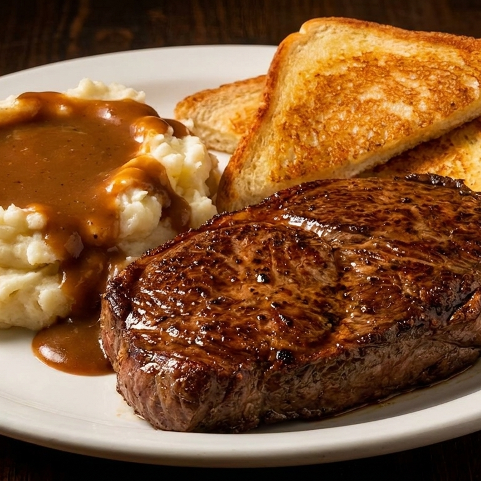 Grilled steak, mashed potatoes with gravy, and toasted bread on a white plate.