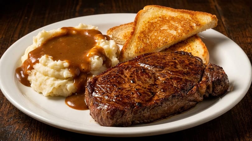 Grilled steak, mashed potatoes with gravy, and toasted bread on a white plate.