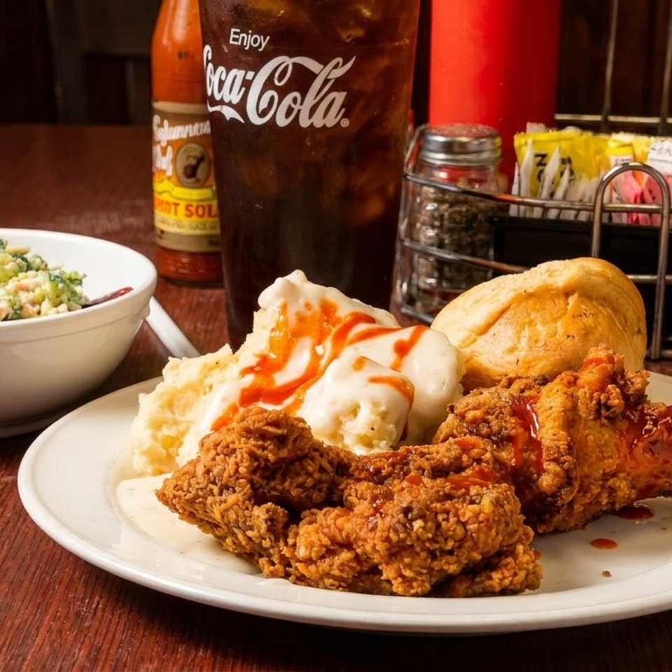 Fried chicken, mashed potatoes with gravy and hot sauce, a roll, and a side salad.