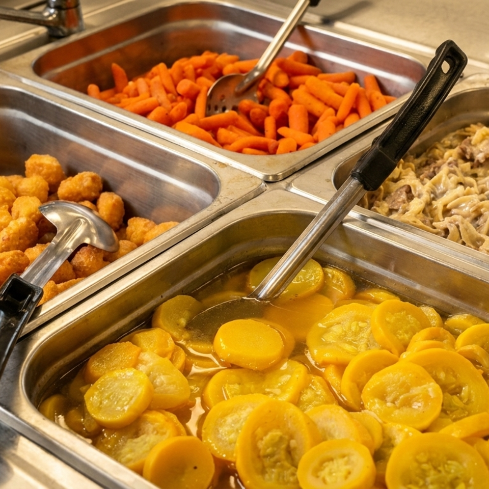 Buffet line with tater tots, carrots, squash, and beef stroganoff in metal serving trays.