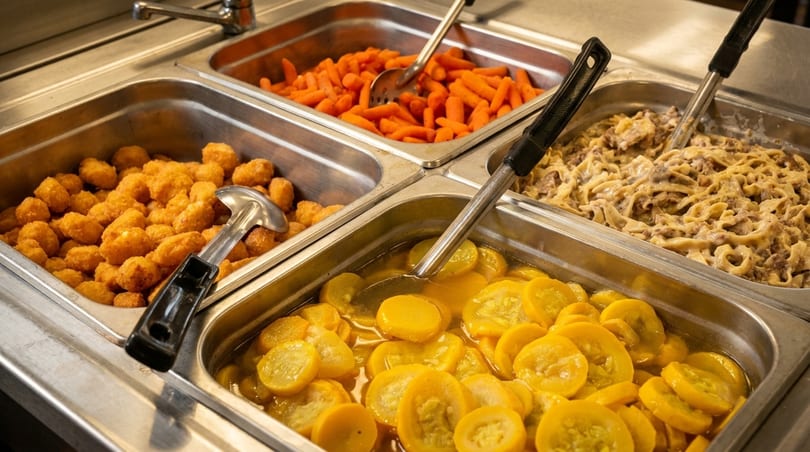 Buffet line with tater tots, carrots, squash, and beef stroganoff in metal serving trays.