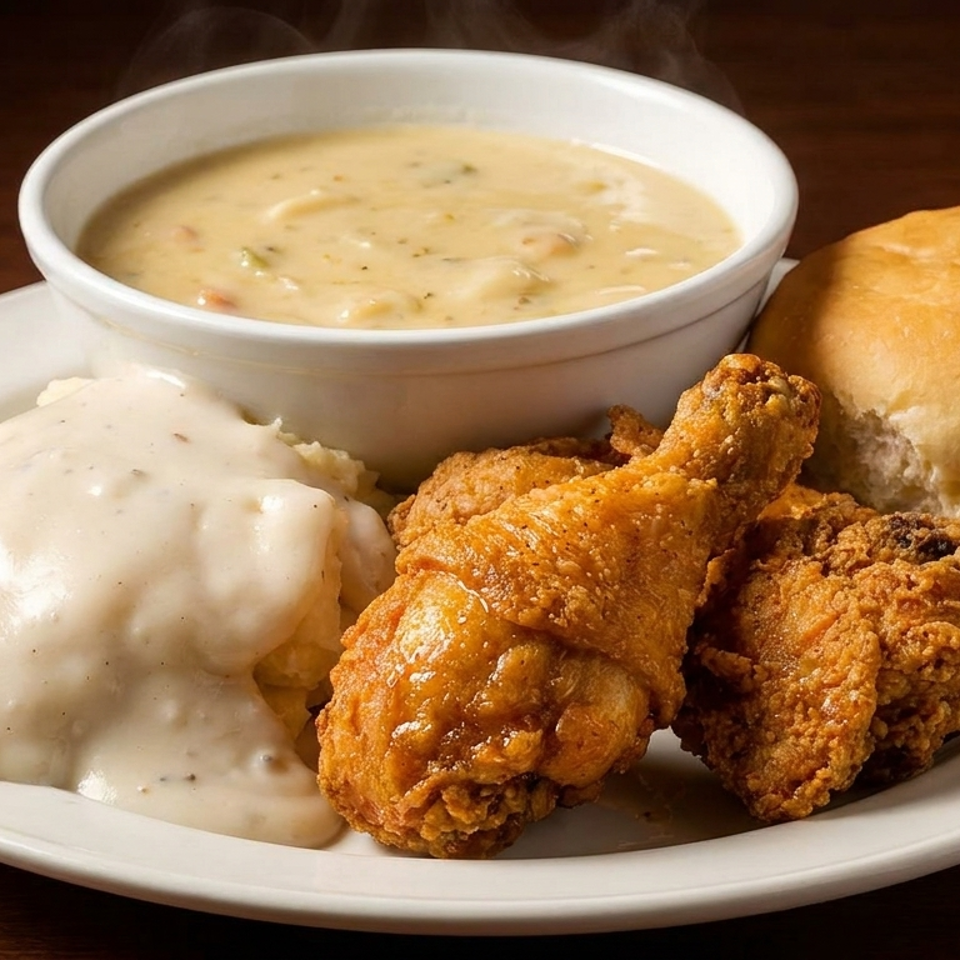 A plate of fried chicken, mashed potatoes with gravy, a dinner roll, and a bowl of soup.
