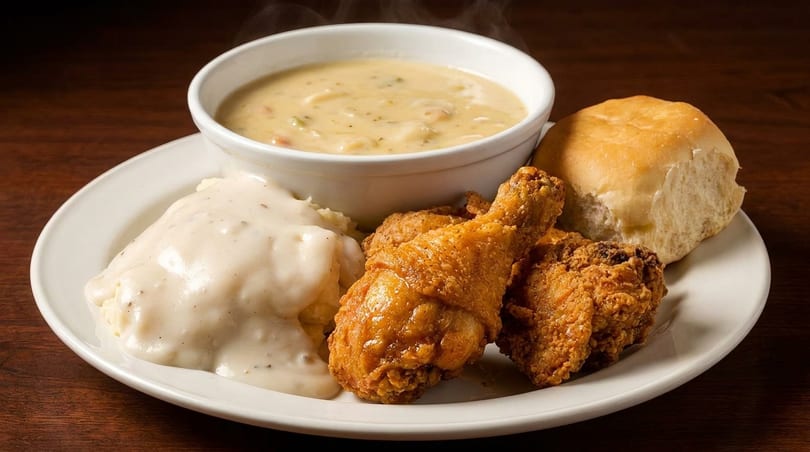 A plate of fried chicken, mashed potatoes with gravy, a dinner roll, and a bowl of soup.