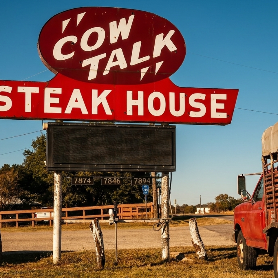 Red "Cow Talk Steak House" sign with a blank marquee, a silver pickup, and a red truck with a cattle trailer.