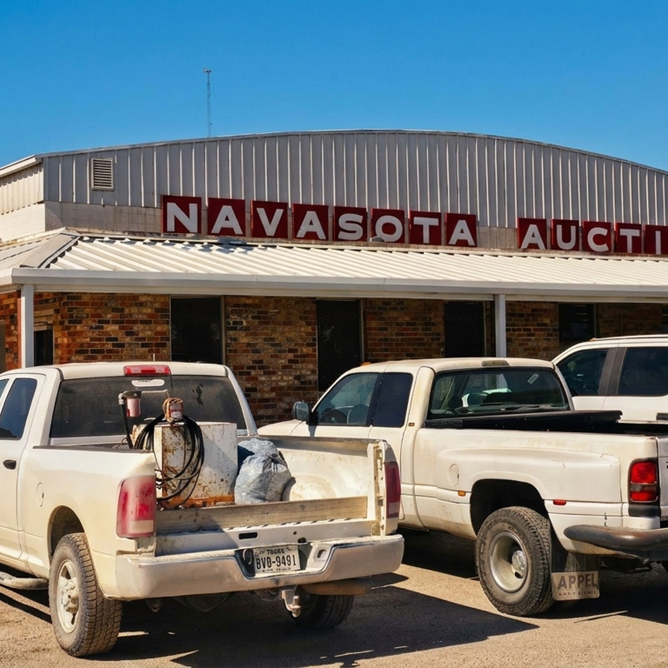 White pickup trucks parked in front of the Navasota Auction building under a clear blue sky.