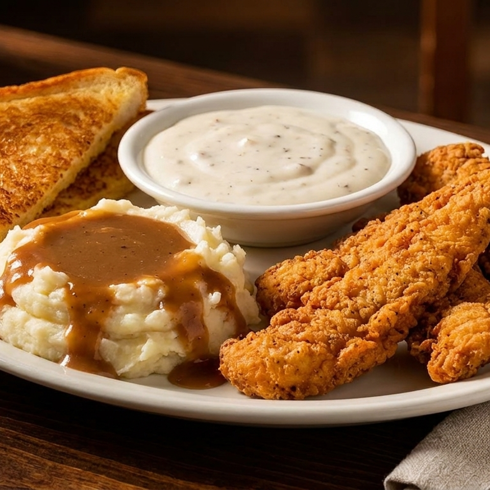 Crispy fried chicken tenders, mashed potatoes with gravy, and buttered toast on a white plate.