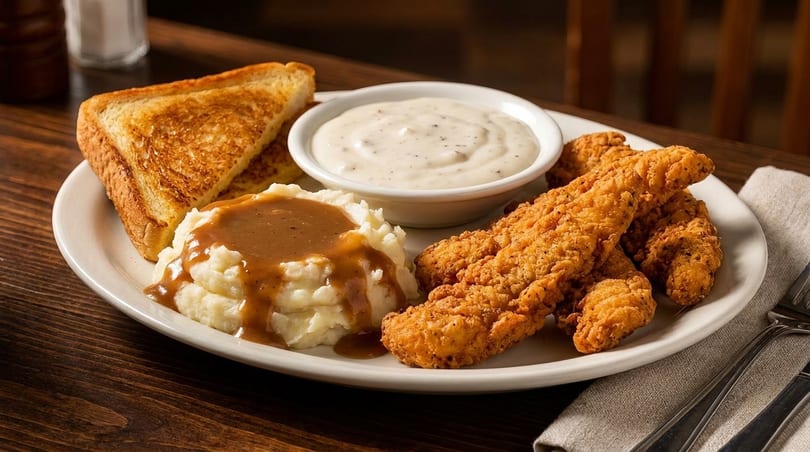 Crispy fried chicken tenders, mashed potatoes with gravy, and buttered toast on a white plate.