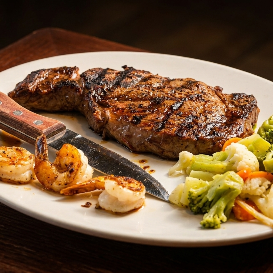 Grilled steak, shrimp, and mixed vegetables with a steak knife on a white plate.